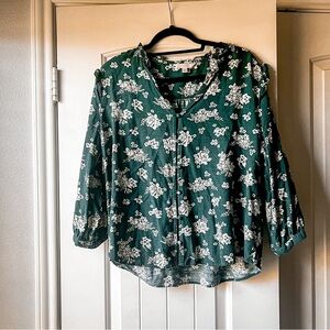 Lauren Conrad Green and White Floral Cotton Blend Top XXL